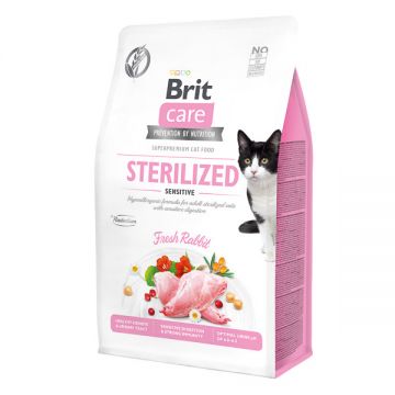 Brit Care Sterilized Sensitive, Iepure, hrană uscată fără cereale pisici sterilizate, 400g ieftina