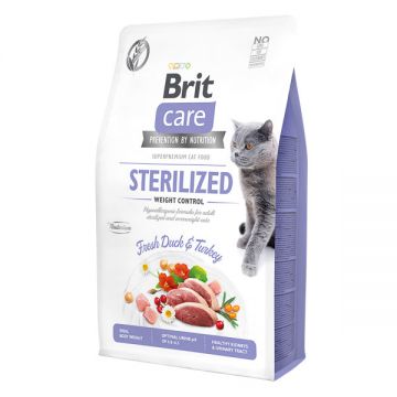 Brit Care Sterilized Weight Control, Rață și Curcan, hrană uscată fară cereale pisici sterilizate, managementul greutății, 2kg