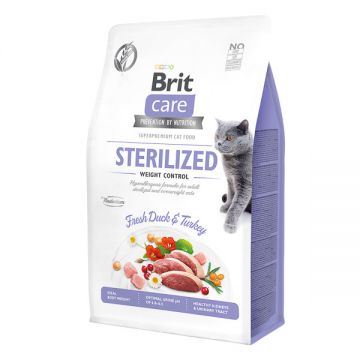 Brit Care Sterilized Weight Control, Rață și Curcan, hrană uscată fără cereale pisici sterilizate, managementul greutății, 400g ieftina