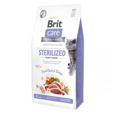 Brit Care Sterilized Weight Control, Rață și Curcan, hrană uscată fără cereale pisici sterilizate, managementul greutății, 7kg