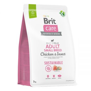 Brit Care Sustainable Adult Small Breed, XS-S, Pui și Insecte, hrană uscată câini, sistem digestiv, 3kg