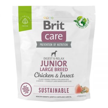 Brit Care Sustainable Junior Large Breed, L-XL, Pui și Insecte, hrană uscată câini junior, sistem digestiv, 1kg ieftina