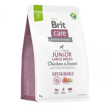 Brit Care Sustainable Junior Large Breed, L-XL, Pui și Insecte, hrană uscată câini junior, sistem digestiv, 3kg