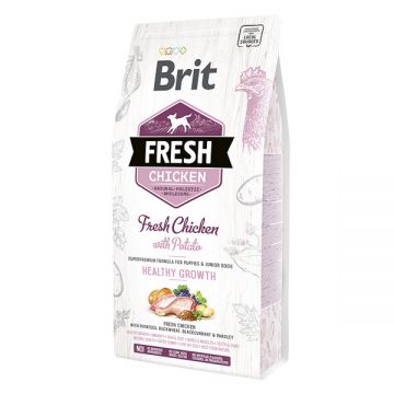 Brit Fresh Healthy Growth Puppy & Junior S-XL, Pui cu Cartof, hrană uscată conținut redus cereale câini junior, 2.5kg