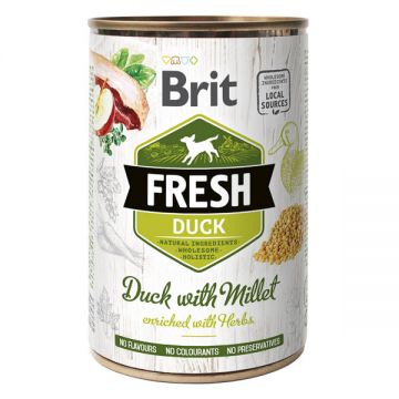 Brit Fresh, Rață cu Mei, Conservă hrană umedă fară cereale câini, (în aspic), 400g de firma originala