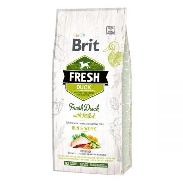 Brit Fresh Run & Work Adult S-XL, Rață cu Mei, hrană uscată conținut redus cereale câini, activitate intensă, 12kg ieftina