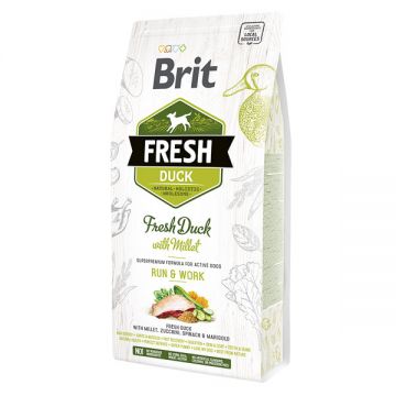 Brit Fresh Run & Work Adult S-XL, Rață cu Mei, hrană uscată conținut redus cereale câini, activitate intensă, 2.5kg