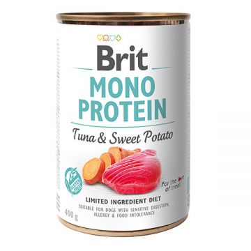 Brit Mono Protein, Ton cu Cartof dulce, Conservă hrană umedă monoproteică fară cereale câini, (pate), 400g