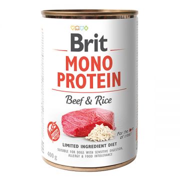 Brit Mono Protein, Vită cu Orez brun, Conservă hrană umedă monoproteică conținut redus cereale câini, (pate), 400g