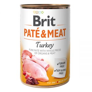 Brit Pate & Meat, Curcan, Conservă hrană umedă fară cereale câini, (pate cu bucăți de carne), 400g