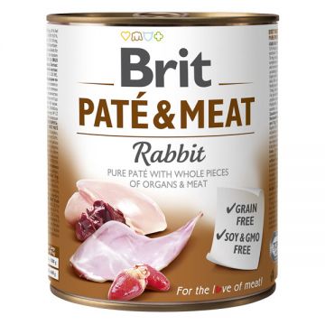 Brit Pate & Meat, Iepure, Conservă hrană umedă fără cereale câini, (pate cu bucăți de carne), 800g