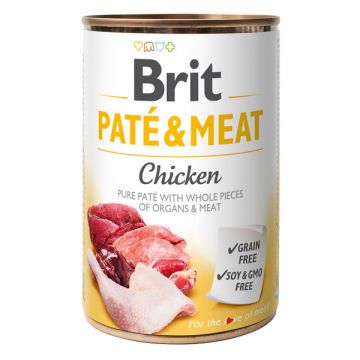 Brit Pate & Meat, Pui, Conservă hrană umedă fară cereale câini, (pate cu bucăți de carne), 400g