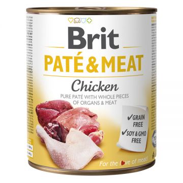 Brit Pate & Meat, Pui, Conservă hrană umedă fără cereale câini, (pate cu bucăți de carne), 800g