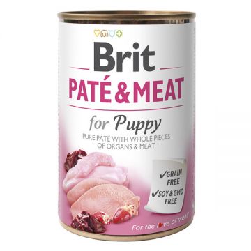 Brit Pate & Meat Puppy, Pui și Curcan, Conservă hrană umedă fără cereale câini junior, (pate cu bucăți de carne), 400g