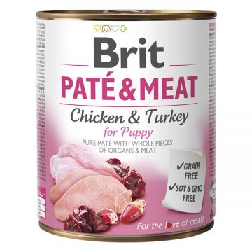 Brit Pate & Meat Puppy, Pui și Curcan, Conservă hrană umedă fără cereale câini junior, (pate cu bucăți de carne), 800g