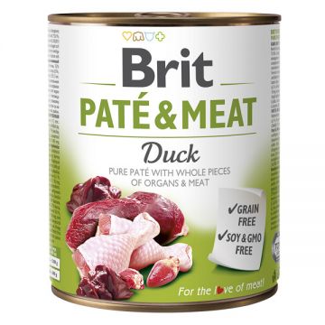 Brit Pate & Meat, Rață, Conservă hrană umedă fără cereale câini, (pate cu bucăți de carne), 800g