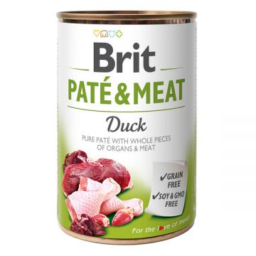 Brit Pate & Meat, Rata, Conservă hrană umedă fară cereale câini, (pate cu bucăți de carne), 400g