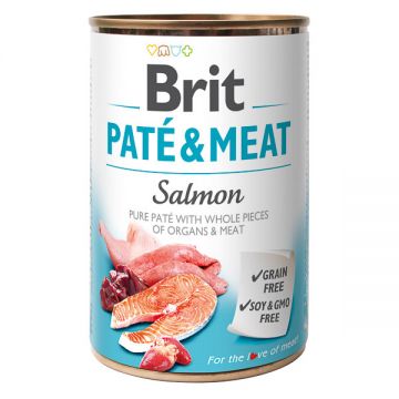 Brit Pate & Meat, Somon, Conservă hrană umedă fară cereale câini, (pate cu bucăți de carne), 400g