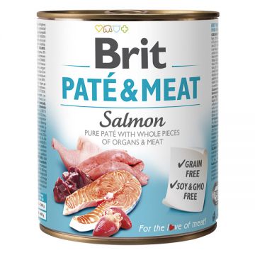 Brit Pate & Meat, Somon, Conservă hrană umedă fără cereale câini, (pate cu bucăți de carne), 800g