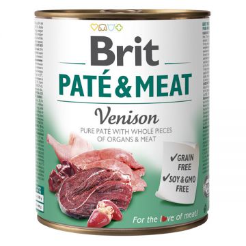 Brit Pate & Meat, Vânat, Conservă hrană umedă fară cereale câini, (pate cu bucăți de carne), 800g