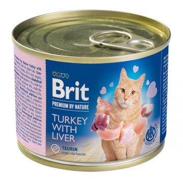 Brit Premium By Nature, Curcan și Ficat, Conservă hrană umedă fără cereale pisici, (pate), 200g