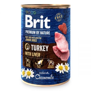 Brit Premium By Nature, Junior, Curcan și Ficat, Conservă hrană umedă fără cereale câini, (pate), 400g