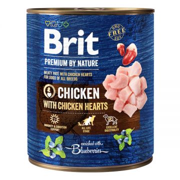 Brit Premium By Nature, Pui și Inimi, Conservă hrană umedă fără cereale câini, (pate), 800g