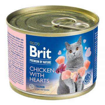 Brit Premium By Nature, Pui și Inimi, Conservă hrană umedă fară cereale pisici, (pate), 200g