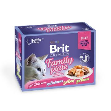 Brit Premium Multipack Family Plate, 4 arome, pachet mixt, plic hrană umedă pisici, (în aspic), 12 x 85g de firma originala