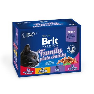 Brit Premium Multipack Family Plate, 4 arome, pachet mixt, plic hrană umedă pisici, (în sos), 12 x 100g