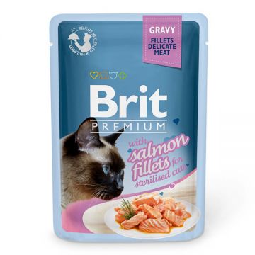 Brit Premium Sterilised, File Somon, plic hrană umedă pisici sterilizate, 85g ieftina