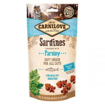 Carnilove Semi Moist Snack, Sardină cu Pătrunjel, recompense funcţionale fără cereale pisici, sensibilităţi digestive, 50g