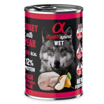 Hrana umeda Premium pentru caine Alpha Spirit, cu curcan si pere, 400 g