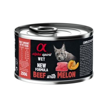 Hrana umeda Premium pentru pisica Alpha Spirit, cu vita si pepene, 200 g
