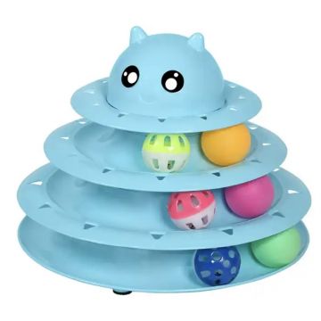 Jucarie interactiva Pufo Catty pentru pisici, in forma de turn cu bilute culorate, albastra