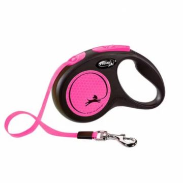 Lesa pentru caini New Classic Neon banda, Flexi, Retractabil, Pana la 15 kg, S, 5 metri, Roz