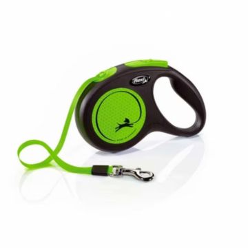 Lesa pentru caini New Classic Neon banda, Flexi, Retractabil, Pana la 25 kg, M, 5 metri, Verde