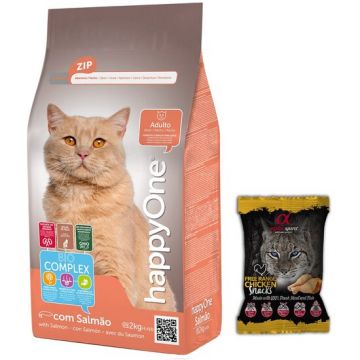PACHET Hrana uscata pentru pisica HappyOne,cu Somon 2 kg + GRATUIT Snack Alpha Spirit, cu pui, 50 g