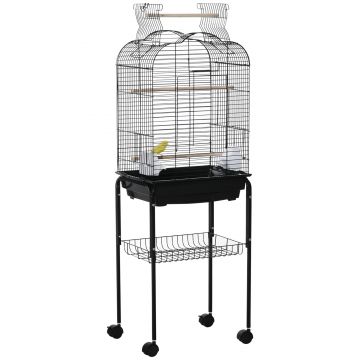 PawHut Colivie pentru Pasari cu 3 Stinghii, 2 Boluri si 2 Usi Laterale, Colivie pentru Animale din Otel, PP si Lemn, 46x36x130 cm, Neagra