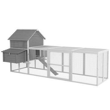 Pawhut Cotet pentru Gaini Ouatoare pentru Exterior, Adapost pentru Gaini cu Rampa si Zona Deschisa Imprejmuita, 310.5x149.5x149cm, Gri