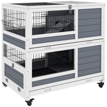 PawHut Cușcă de Interior cu Roți, Rampă și Uși, Cușcă cu Două Etaje pentru Iepuri, Casă din Lemn pentru Animale Mici, 90x53x97 cm, Gri | Aosom Romania