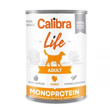 Calibra Life Mono Protein, Curcan cu Mere, Conservă hrană umedă mono proteică fără cereale câini, (pate), 400g