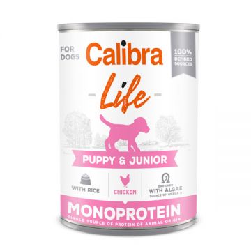 Calibra Life Mono Protein, Pui cu Orez, Conservă hrană umedă mono proteică fără cereale câini juniori, (pate), 400g