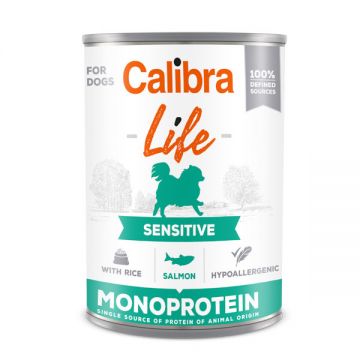 Calibra Life Mono Protein, Sensitive, Somon cu Orez, Conservă hrană umedă mono proteică fără cereale câini, (pate), 400g