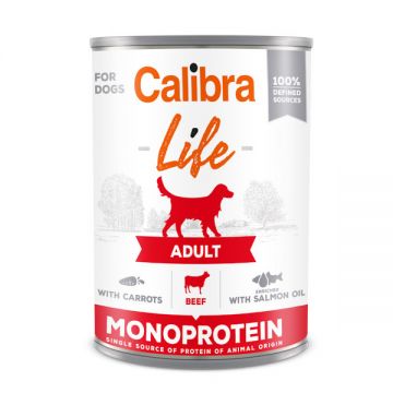 Calibra Life Mono Protein, Vită cu Morcovi, Conservă hrană umedă mono proteică fără cereale câini, (pate), 400g