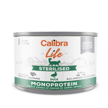 Calibra Life, Rață, Conservă hrană umedă fără cereale pisici sterilizate, (pate), 200g