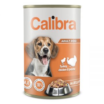 Hrana umeda pentru câini, Conserva Calibra Dog, Curcan, Pui si Paste, 1240 g