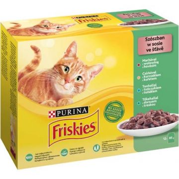 Friskies Cat, hrană umedă, Vită Pui, Somon, 12 x 85g