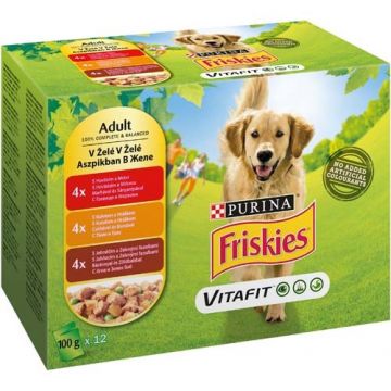 Friskies Dog aspic, pui, vita, miel, 12 x 100g de firma originala