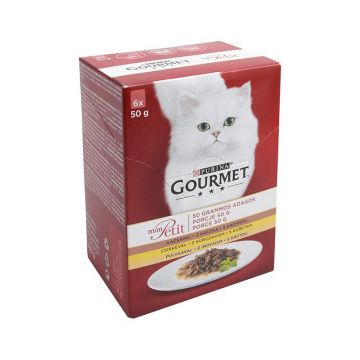 PURINAgourmet Mon Petit, 3 arome (Pui, Rață, Curcan), pachet mixt, plic hrană umedă pisici, (în sos), 50g x 6